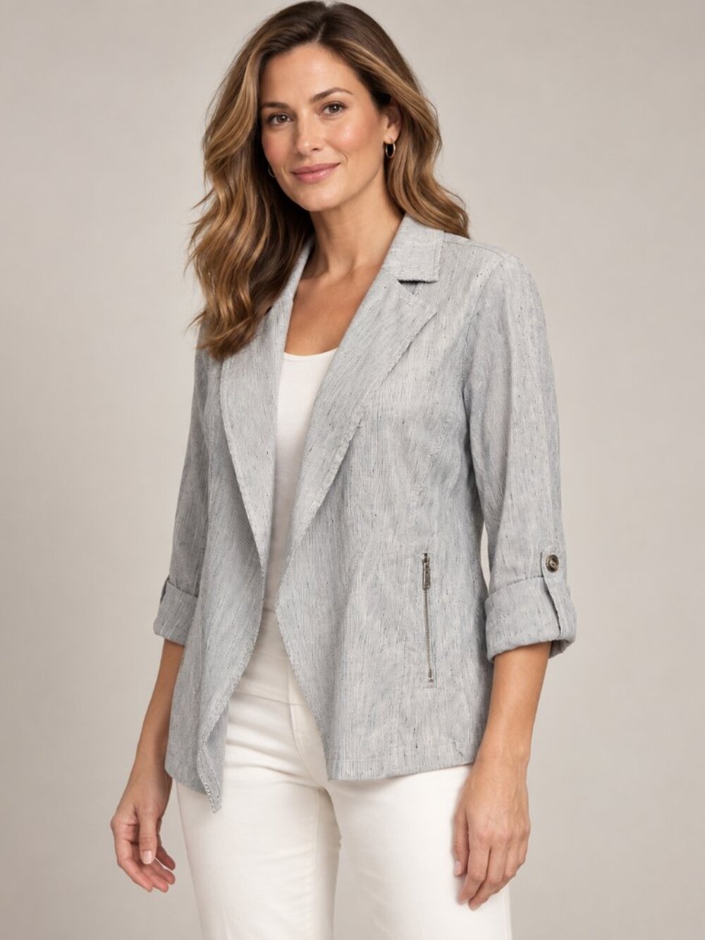 Chico's Size 1 M Navy White Linen Blend Soft Tailoring Blazer Zip Pockets